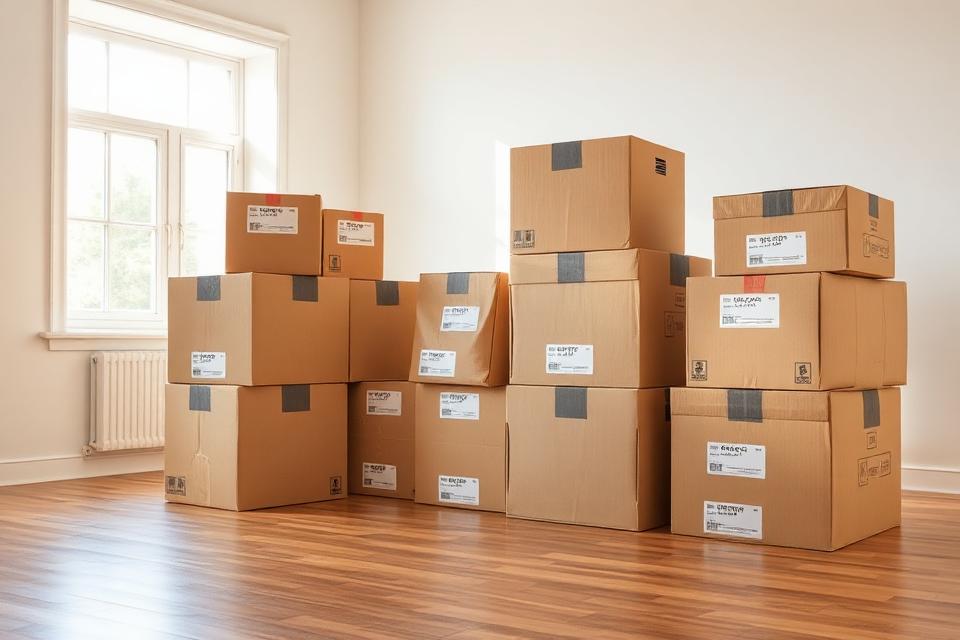 Neatly stacked moving boxes