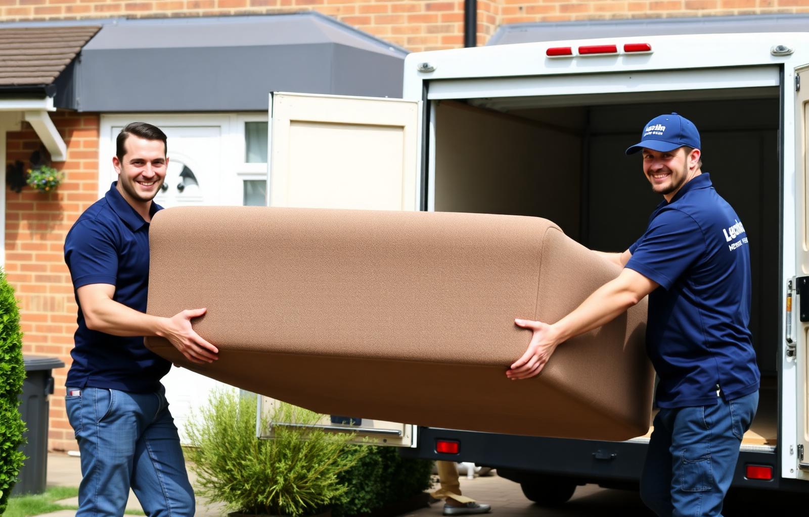 Professional movers loading a sofa into a removal van outside a UK home